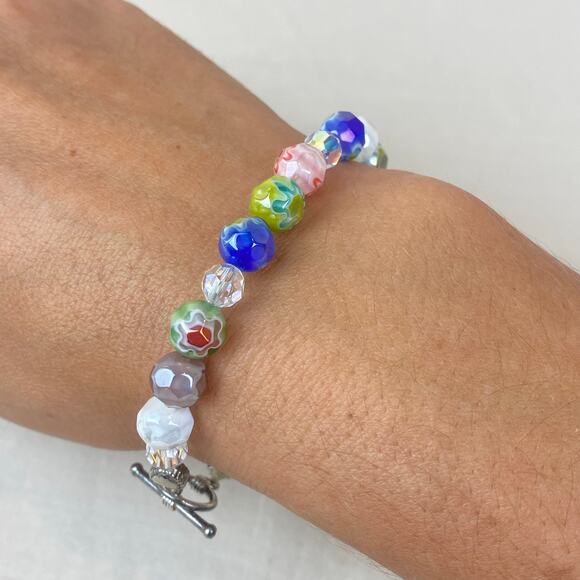 Aurora Borealis Crystal & Floral Colorful Glass Bead Bracelet 925 Silver Toggle - Picture 5 of 10